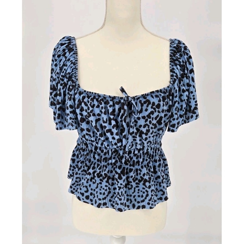 Bershka Blue Leopard‎ Print Smocked Peplum Top Short Sleeve USA L
